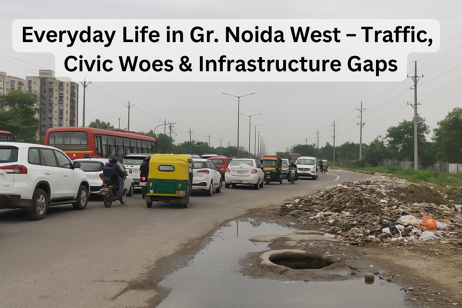 Daily traffic, garbage dump, and open manhole in Greater Noida West showing civic and infrastructure issues