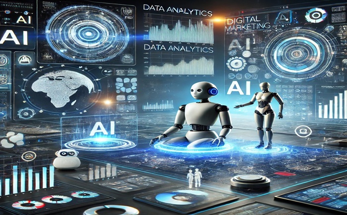 AI-powered digital marketing dashboard showing ad targeting and analytics