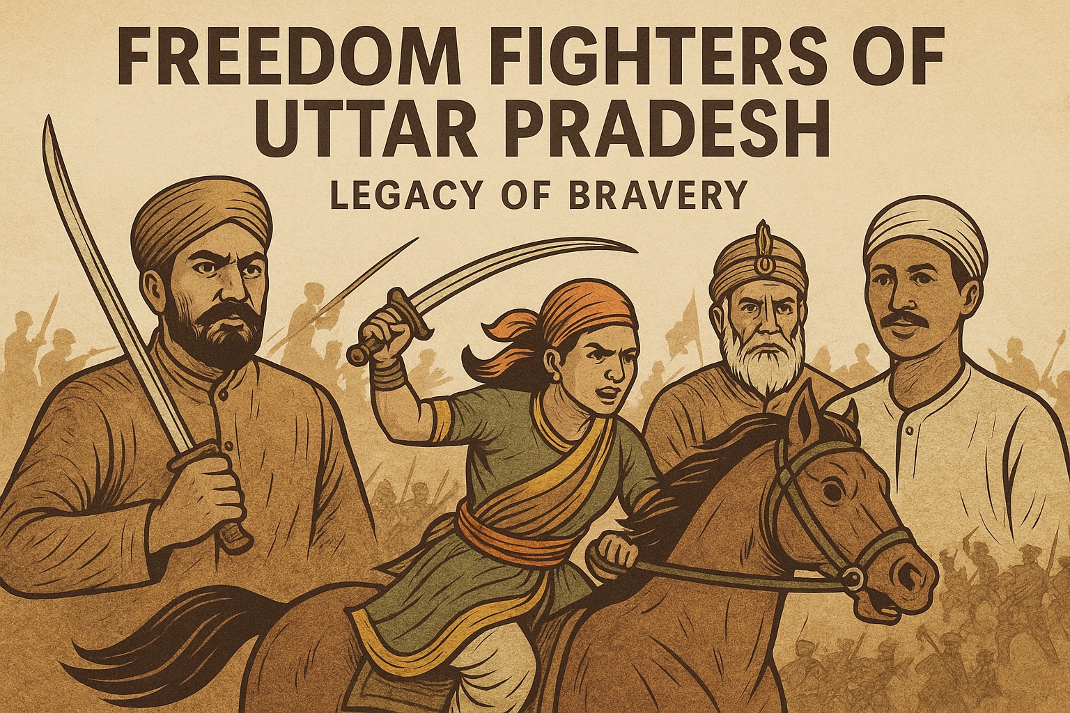 Historical icons of Uttar Pradesh like Rani Lakshmi Bai, Mangal Pandey, and freedom struggle of 1857