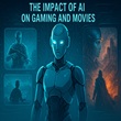 Illustration of AI transforming gaming and film production with code, controllers, and film reels