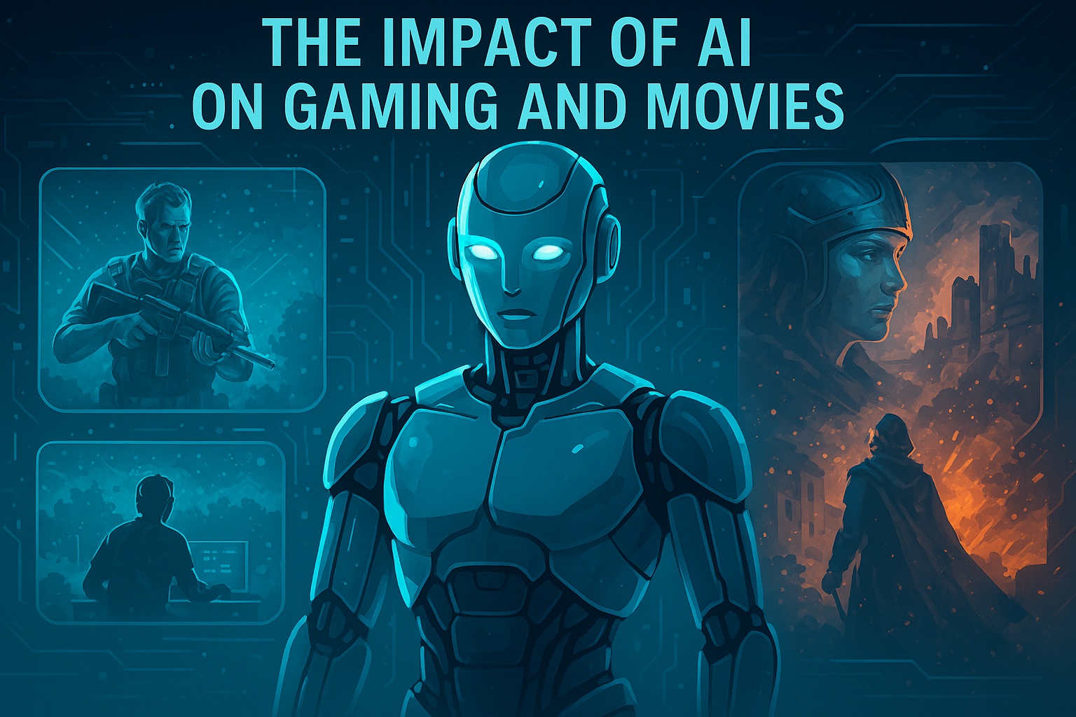 Illustration of AI transforming gaming and film production with code, controllers, and film reels