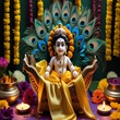Little Krishna idol in a decorated cradle during Janmashtami celebration