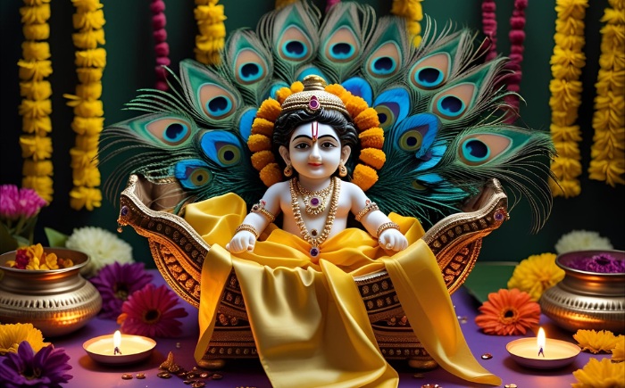 Little Krishna idol in a decorated cradle during Janmashtami celebration
