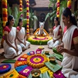 Traditional Onam celebration with Pookalam and dancers