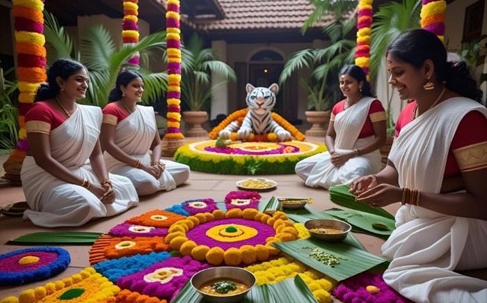 Traditional Onam celebration with Pookalam and dancers