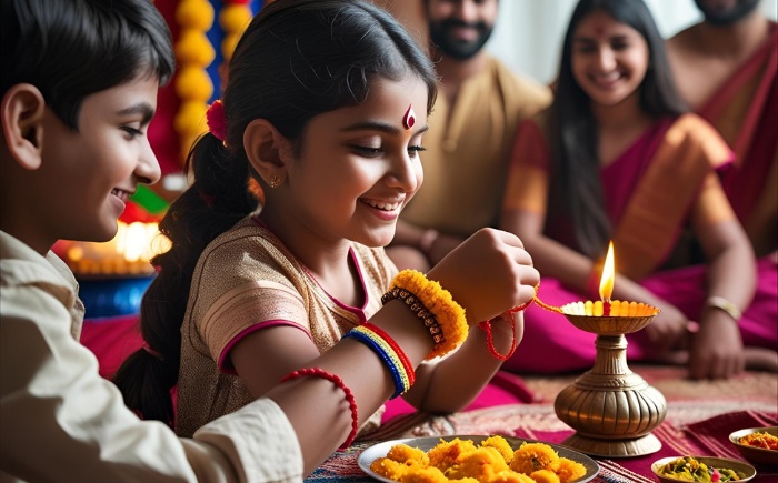 Sister tying rakhi to brother on Raksha Bandhan 2025