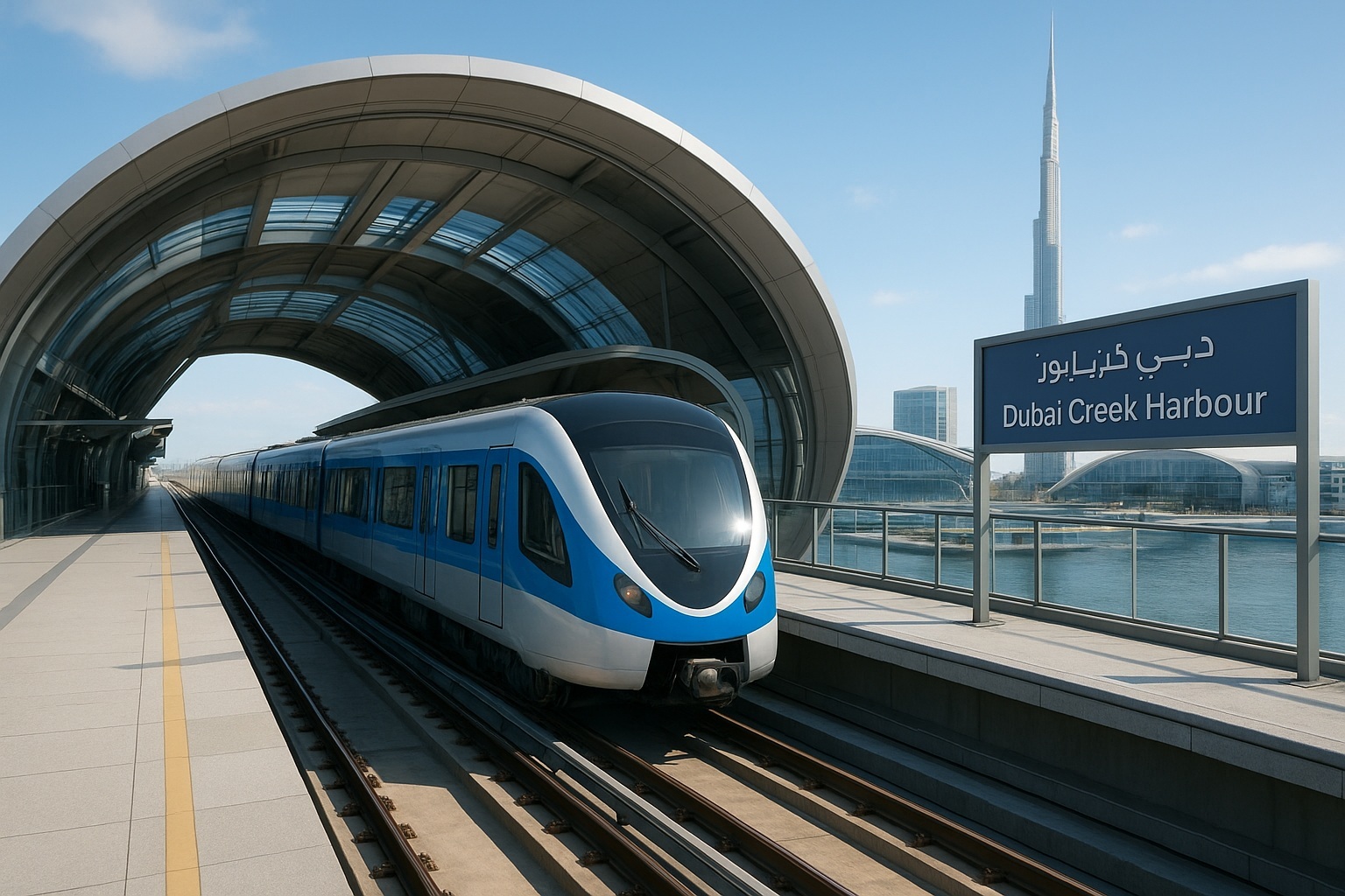 Rendering of Dubai Metro Blue Line train and Dubai Creek Harbour station